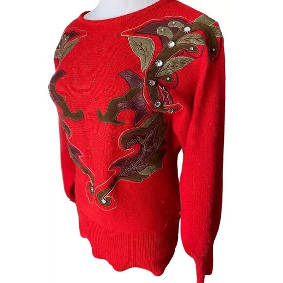 Giancarlo Ferranti Red Silk Angora Sweater Leather Applique Gems Vtg Women M - Picture 2 of 10